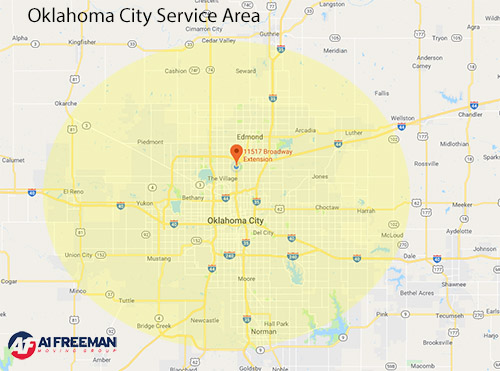 A-1 Freeman Oklahoma City Moving Service Area Map